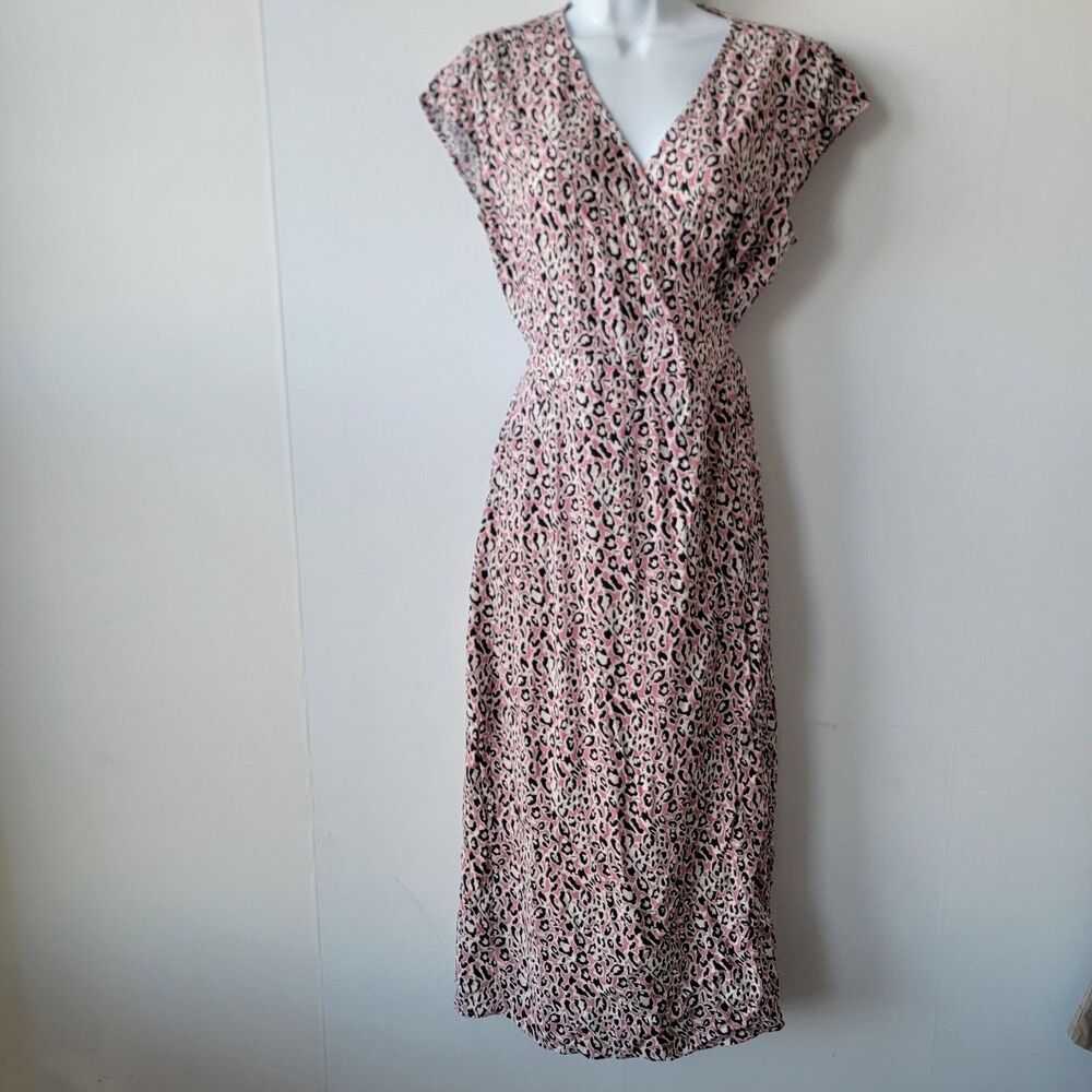 J.Crew L4165 womens wrap midi dress size S Tie Waist  leopard printed cup sleeve